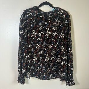 Sweet Alice Floral Print Black Long Sleeve Ruffle Collar Button Back Blouse Top